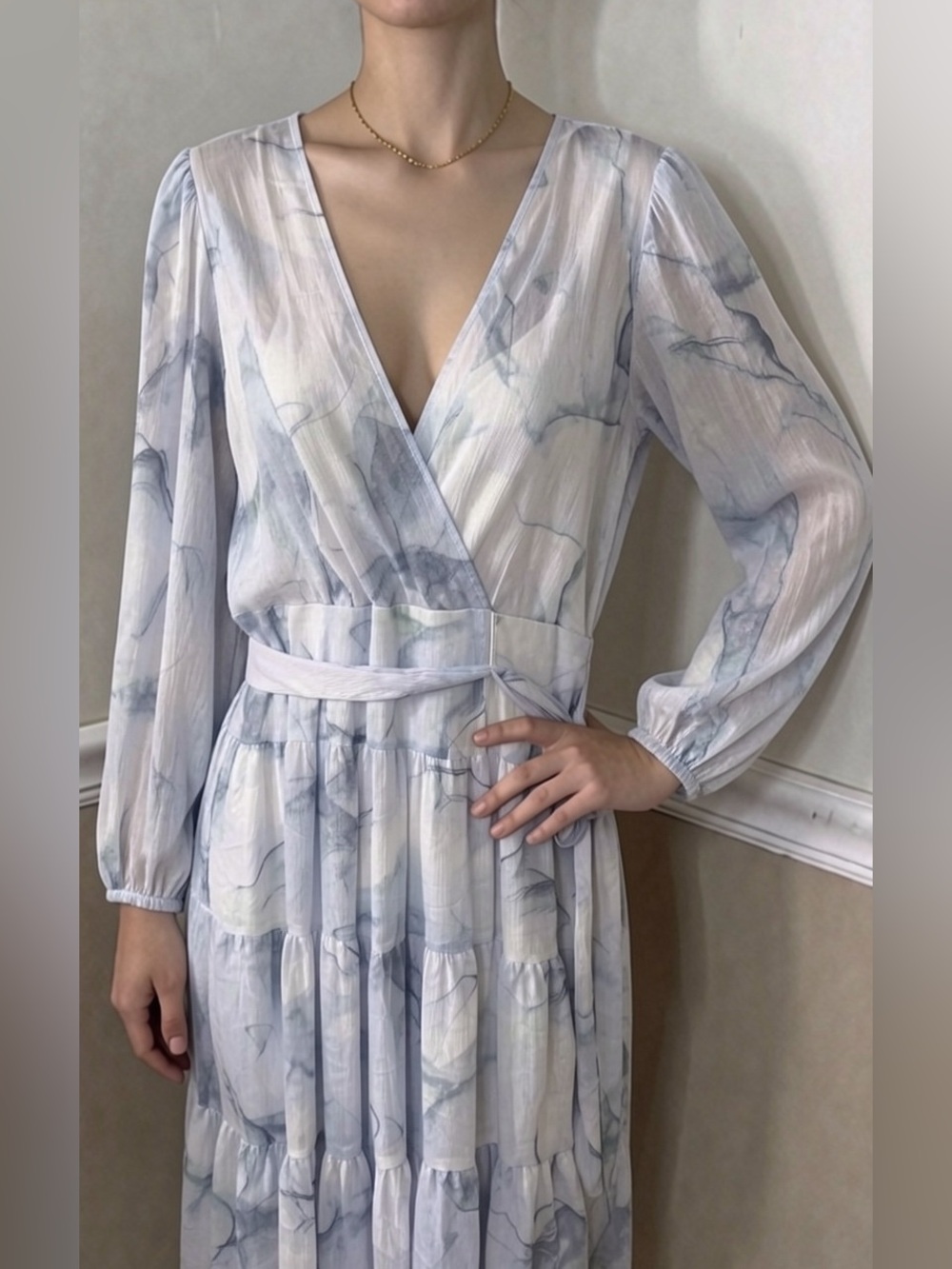 🎉 2 for $20! Calvin Klein Light Blue Marble-Print Wrap Midi Dress 💜